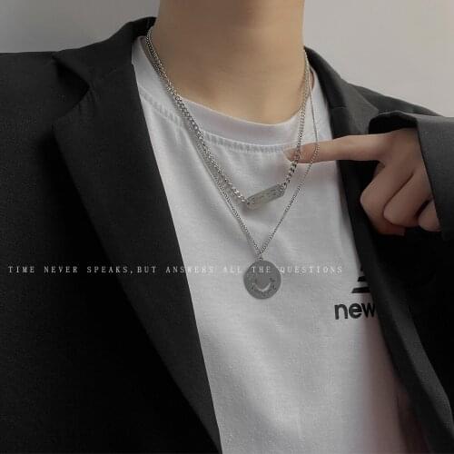 Smiley Letter Necklace Long Womens Hip Titanium Steel Double Stacked Ins Netflix Multi Layers Round Pendant Accessories