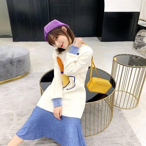 Spring Knitting White Cute Dress Women Long Sleeve Mermaid Dresses Student Style Casual