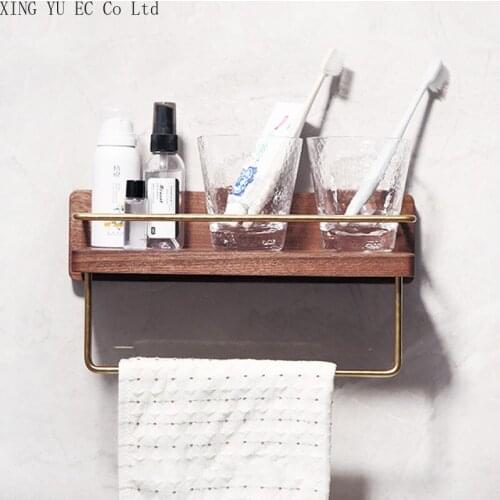 Solid Wood Free Punching Wall Hanging Bathroom Multifunctional Shelf Towel Bar Tooth Cup Holder Bathroom Cosmetic Storage Rack