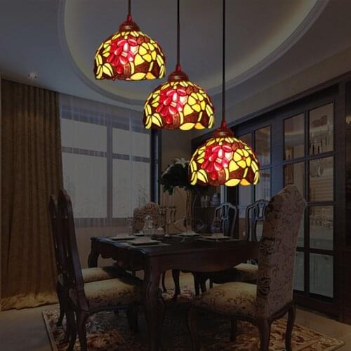 3 Heads Stained Glass Chandelier European-style Living Room Bedroom Hanging Lamp Bar Decorative Glass Suspension Light