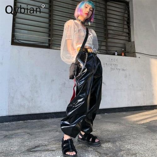Free Dropshipping Women Hot Sexy Black Gothic Tooling Street Loose Legged Leather Pants Women Autumn Hip Hop Chain Harem Pants
