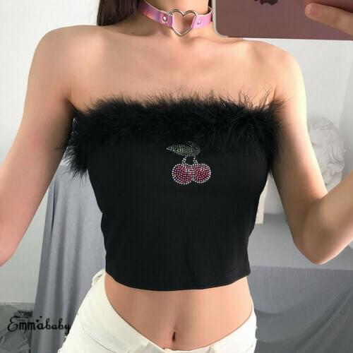 Women Tanks Tops Sexy Cherry Print Strapless Fur Tank Crop Tops Summer Ladies Bustier Casual Off Shoulder T-Shirt