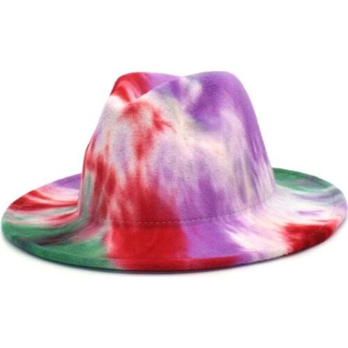 Ladies shallow top tie-dye fedora hat mens wide brim tie dyed autumn and winter womens hat retro multicolor wool felt hat