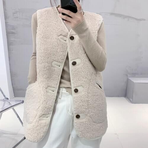 Lamb Hair Waistcoat Women Coat Autumn Single-Breasted O-Neck 2020 Autumn Winter Ladies Cashmere Jacket Vest Female Autumn Q302
