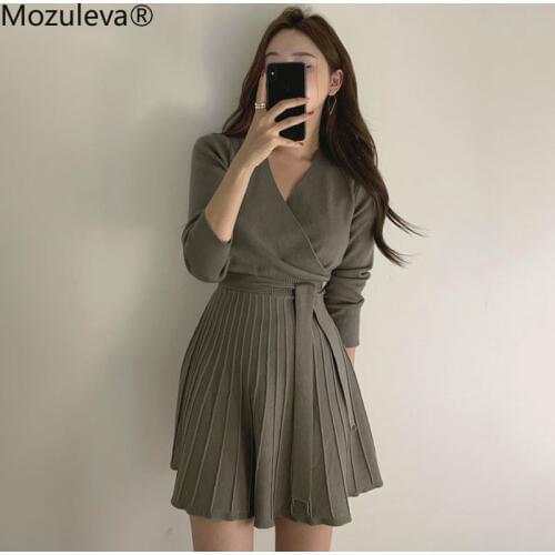 Mozuleva Stylish V-neck Lace Up Knitted Dress Women Full Sleeve Office Ladies A Line Sweater Dress Female Knitting Vestidos