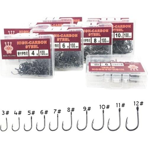 100pcs Fishing Hooks Freshwater High Strength Carbon Steel Fishing Hooks with Plastic Box 10 Sizes Fishhooks