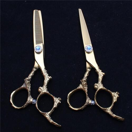 5.5 inch JP 440C Engraving Logo Gold Professional Hair Scissors Barber Scissors Thinning Shears Cutting Scissors Dragon