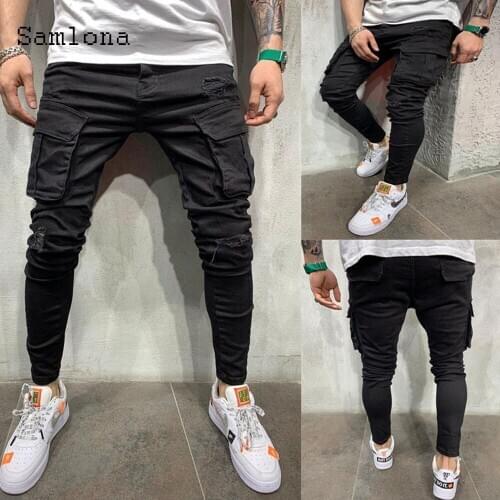 Samlona Jeans Mens Fashion Skinny Denim Pant Male 2021 Patchwork Pants Streetwear Male Denim Jeans Multi-pocket Pencil Trousers