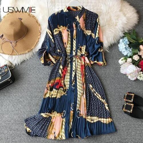 Elegant Dress Fashion Stand Collar Slim Belt Pleated Long Sleeve Printed Vestidos Vintage A-line Hit Color Chiffon Women Dress