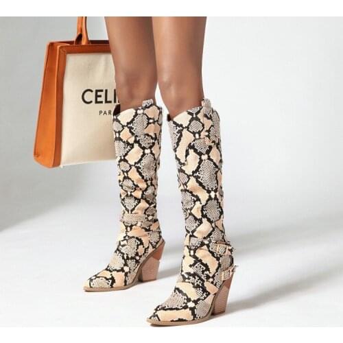 European and American winter boots Knee Boots thick heel pointed head simple Snake Print womens boots sexy nightclub stage boot
