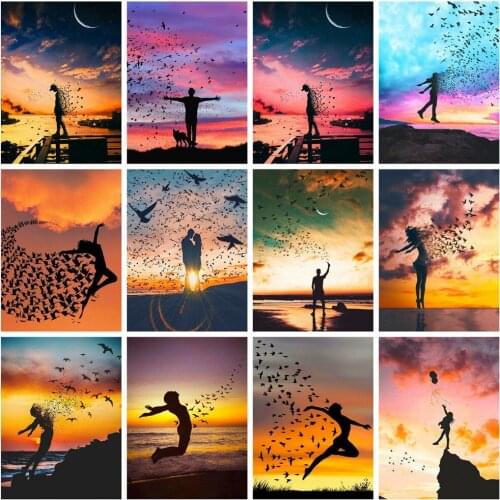 Huacan 5D DIY Diamond Painting Woman Bird Full Drill Square Diamond Mosaic Embroidery Sunset Portrait Handicraft Home Decor