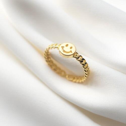 Fashion Genuine 925 Sterling Silver Cuban Link Chain Smile Adjustable Finger Ring for Women Punk Hip Hop Jewelry Gift