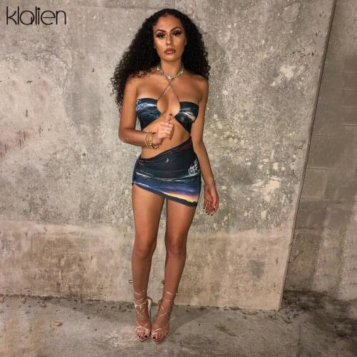 KLALIEN Sexy Print V Neck Low Chest Camisole Skirt Two Piece Set Women Fashion Party Beach Vacation Female Two Piece Skirt Set