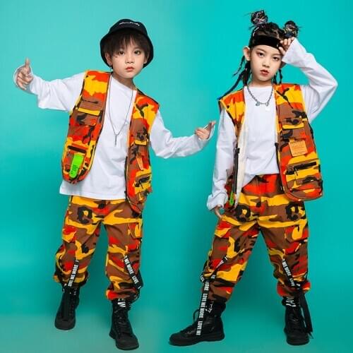 Hip Hop Dance Costume Boys Orange Camouflage Vest Pants Modern Ballroom Dance Wear Girls Jazz Performance Clothing Rave BL5233