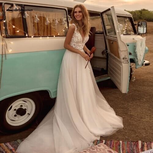 Lakshmigown Simple Wedding Dress Beach V Neck Sexy Tulle Mariage Bridal Gowns Long Train Boho Wedding Dress 2020 Bruidsjurken