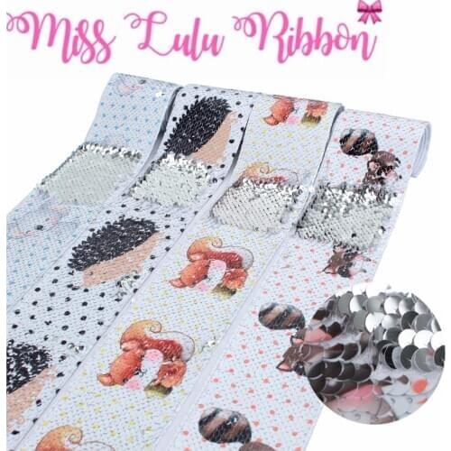 3"75mm Cartoon Animal Series Hedgehog Squirrel Double Reversible Silver Sequin Ribbon DIY Party Gift Bowknots 46yards/roll