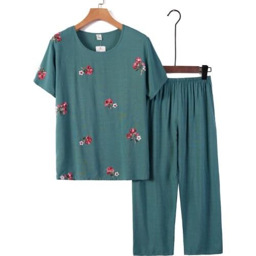 Middle-aged and Elderly Womens Suits Summer Short Sleeve Cotton linen T-shirt Top & Wide-leg Pants 2 Pcs Sets Home Service