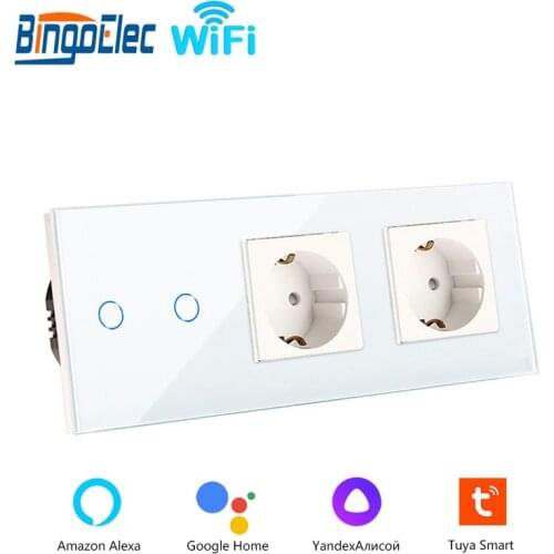 Bingoelec Wifi Wall Touch Switch With Double Normal EU Sockets 1/2/3Gang Light Switches Work With Alexa Tuya Google Home