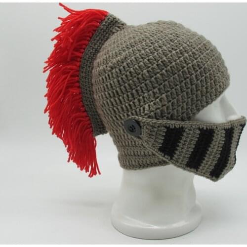 New Winter Handmade Funny Hats Cool Red Tassel Roman Knight Helmet Mask Beanies Cosplay Caps Mens Womens Gag Party Gifts