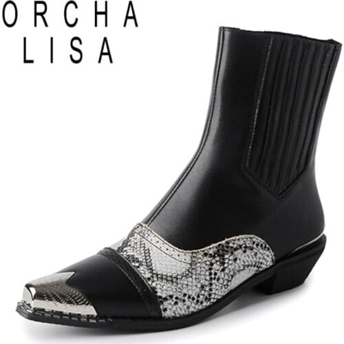 ORCHALISA 2021 Ladies Ankle Boots Cap Toe Snake Print Patchwork Slip On Short Plush Low Thick Heel Size 34-48 Black White A4427