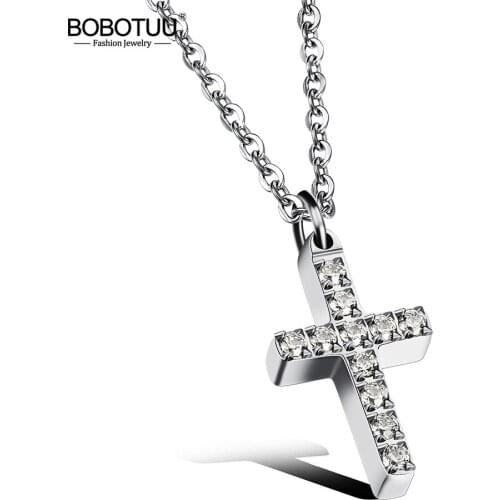 BOBOTUU Retro Cross Unisex Charm Necklaces Classic 316L Stainless Steel CZ Cubic Zirconia Pendant Jewelry For Women BN17067
