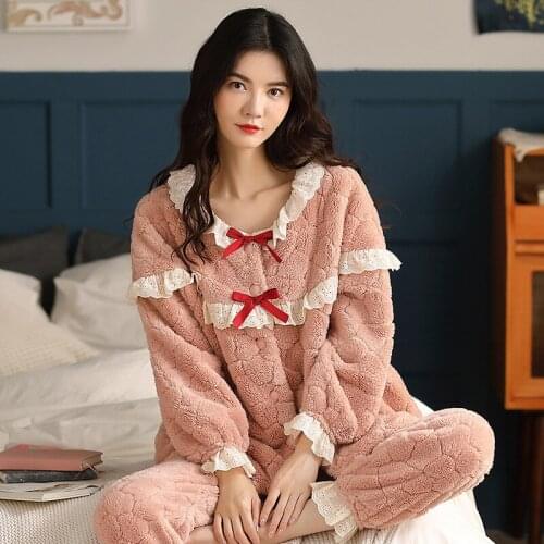Coral fleece pajamas womens autumn and winter warmth thickened flannel long-sleeved sweet and cute two-piece home service pjs