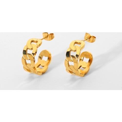 18K PVD Gold Plated Stainless Steel Link Chain Circle Earrings Waterpoof C Shape Hoop Earrings for women