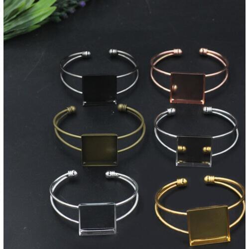 SEA MEW 5 PCS Metal Copper 6 Colors Plated 25mm Square Cabochon Base Bangle Bracelet Bezel Blank Setting For Jewelry Making