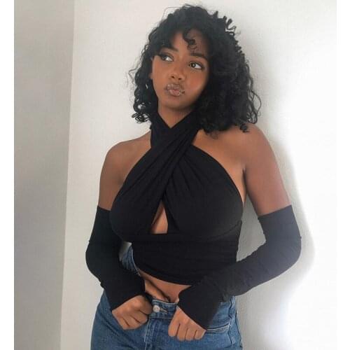 Sexy Cross Halter Tank Tops Women Vest Solid Color Off-shoulder Backless Crop Tops with Separated Sleeve Lady Clubwear