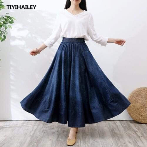 TIYIHAILEY Free Shipping 2020 Long Maxi A-line Skirts Women Elastic Waist Spring And Summer Denim Jeans Blue Skirt Lady Skirt