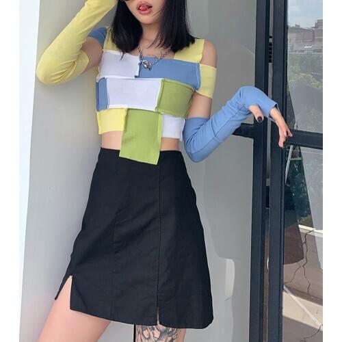 Cold Shoulder Y2k T Shirt Women Patchwork With Detachable Gloves Knitted Crop Tops Street Tees T-shirt Streetwear Y2k Aesthetic