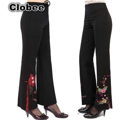 2020 Autumn Lolita Tang Style Women Pants Leg Pants Trousers Chinese style 15 Kinds Black Embroidered Flower Pants Plus Size