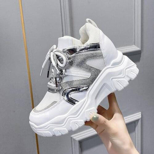 New Thick Platform Chunky Sole Bling Sneakers Women Spring Autumn Sports Walking Running Casual Shoes Lace-up High Heel Footwear