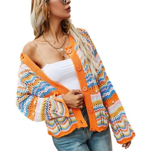 Hirigin Women Autumn Vintage Striped Print Short Knitted Sweaters Fashion Single Breasted Loose Cardigans Femme Sweater 2021