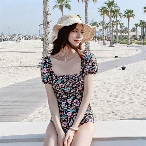 Women One Piece Swimsuit Retro Floral Triangle Thin Ins Seaside Vacation Bikini Swimsuit