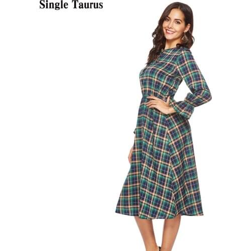 Plaid Print Long Sleeve Bow Neck Women Mid Dress Summer Fall Elegant Lady Classic Dress Woman Vintage Vestidos De Fiesta