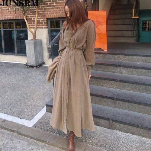 2020 Spring Elegant Long Sleeve Single-Breasted Long Dress Female V-Neck Korean Chic Straight Loose Belted Women Dress Vestidos