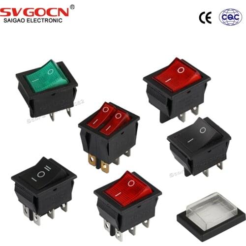 4/6 pins 220V SPDT LED Rocker Boat Switch ON OFF ON Red Green Rectangule Latching Lock Power Light Dual switch KCD7