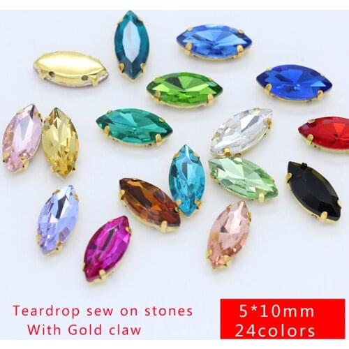 50p 5x10mms sew on Navette crystal glass stones beads rhinestones with gold chain DIY jewelry Wedding Dress Crafts Arts