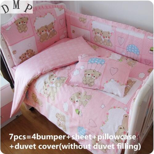 Promotion! 6/7PCS Pink baby Cot Crib bedding Set toddler bed Baby Bumper Sheet ,120*60/120*70cm