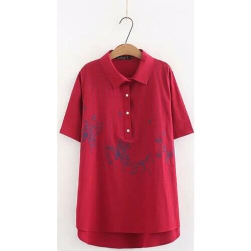 Large Size Fashion Womens 2019 Summer New 4XL Shirt Embroidery Cotton Sleeve Short Sleeve Long Section Ladies Casual Blouses