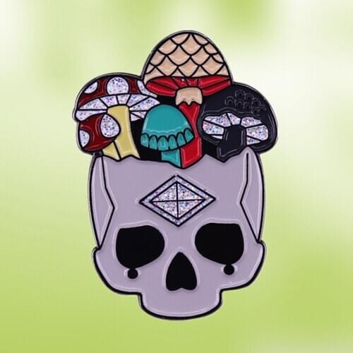 Colourful Mushrooms sprouting from skull head mycology Fungi enamel pin Vegans and vegeterians brooch badge