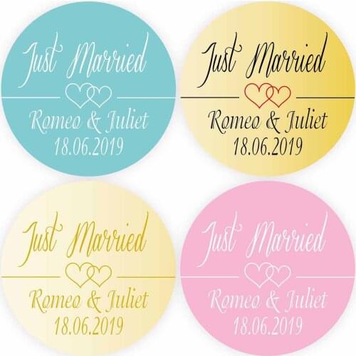 DouxArt 100 Pieces Personalized Just Married Favors Stickers, 40mm Double Heart Wedding Party Decorations Seal Invitation Labels