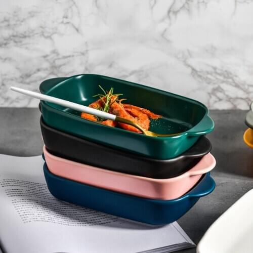 Colorful Ceramic Baking Plate Dessert Bowl Ramekin Baker Rectangle Dinner Plate with Handle Pasta Dishes Household Dinnerware