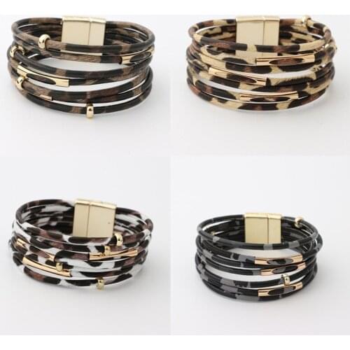 Multi-layer Wrap Leopard Magnetic Stainless Steel Stackable Leather Bracelet Trendy New Fashion Jewelry for Women Wholesale