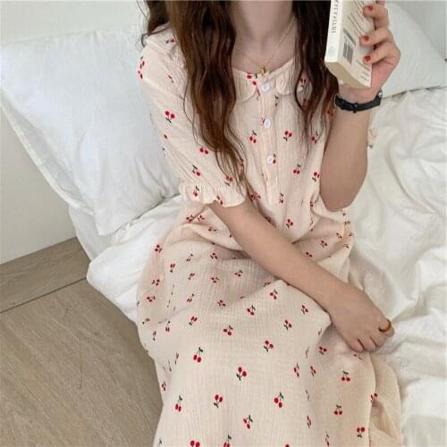 Korean White/Apricot Night Dress Women New Short Sleeve Nightgowns For Female Full Cotton Doll Collar Sweet Lady Nightshirt