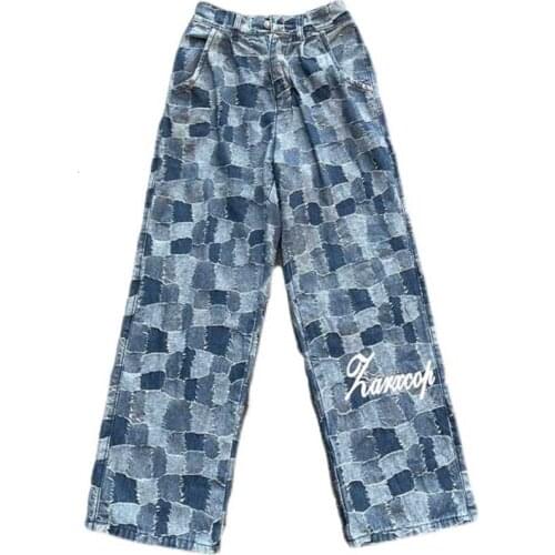 Harajuku Style New Retro Jeans Streetwear Plaid Pants Casual College Style Straight Wide-Leg Trousers For Men and Women