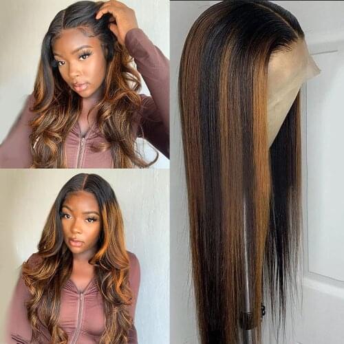 Highlight Wig Human Hair 13x4x1 Lace Front Ombre Blonde Brown Wigs Bob Straight Brazilian Wig Middle Part Lace Frontal Wig