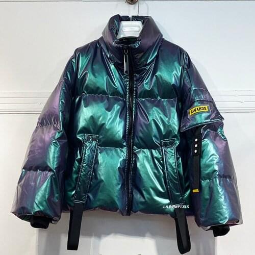 Fashion Glossy Down Jacket Thick Women Short 2021 New Colors Ribbon White Duck Down Coat Winter Warm Outerwear Puffer Parka