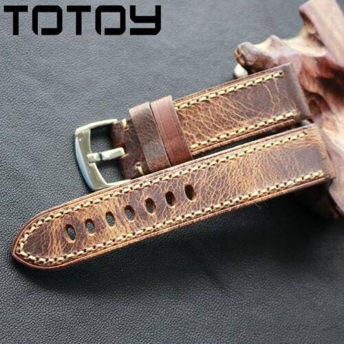 TOTOY Handmade Oily Retro Crazy Horse Leather Watchbands 20MM 22MM Soft And Rough Style, Hand Stitching Leather Strap